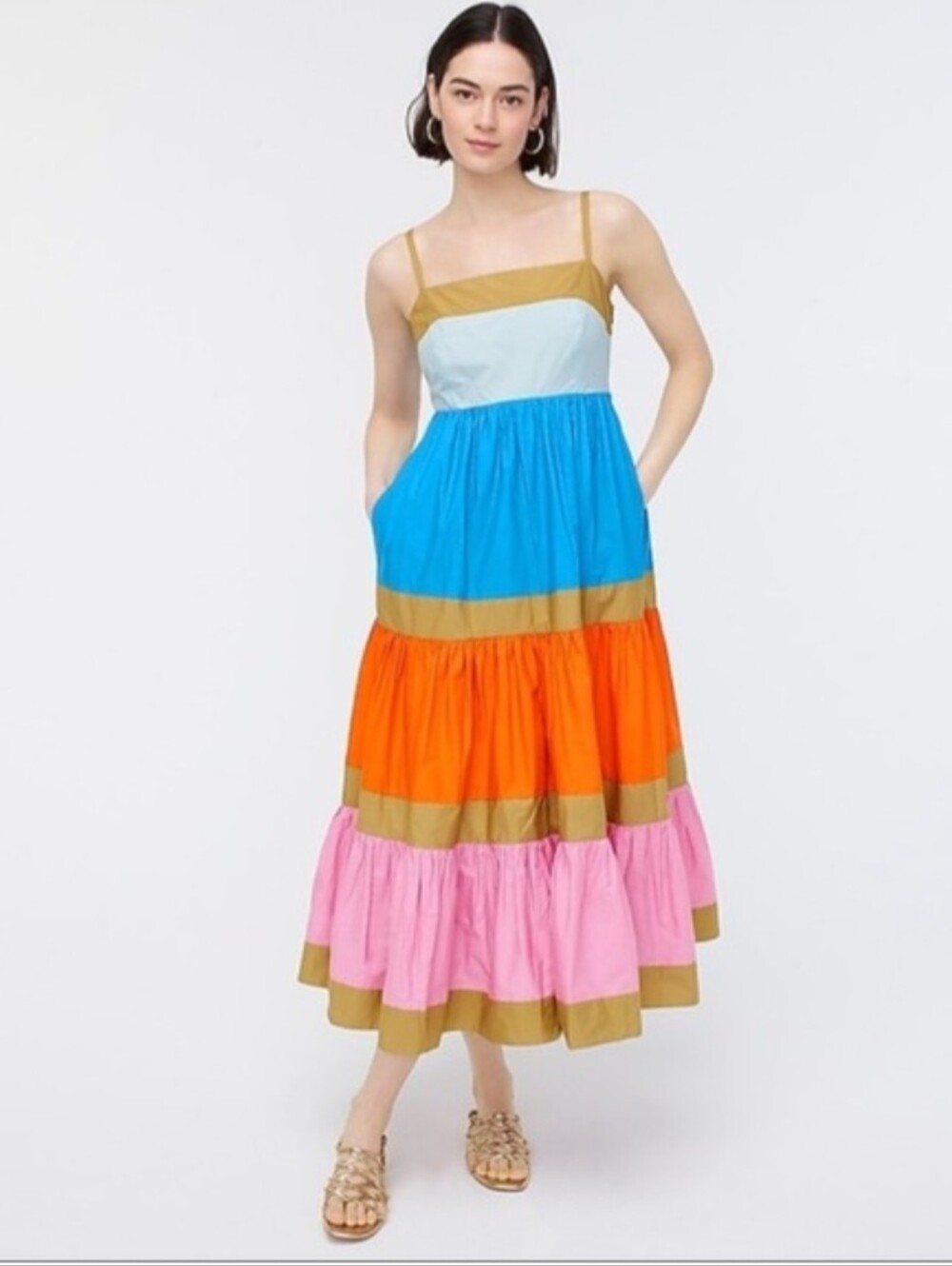 J.Crew Collection Colorblock Tiered Midi Dress | Sunset Stripe | Cotton